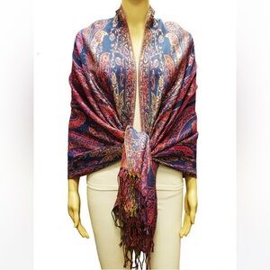 606. Fringed Pashmina Multi Color Pink/Purple/Blue Metallic Silver NEW Item OS